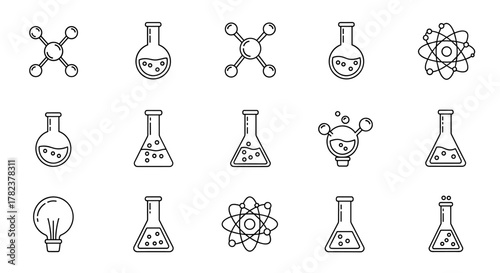 Chemistry Line Icon Bundle: A Modern Collection for Design, Websites, Apps, and Cards, Featuring Linear Images of Chemical Compounds, Laboratory Flasks, Atoms, and a Lightbulb for Scientific and