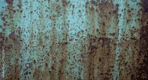 Vivid blue-green and brown copper patina background with a grunge brush texture and distressed oxidation effect, showcasing rusty aged metal. This vector illustration features a worn, rough texture