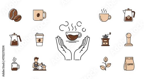A collection of flat design coffee icons, including coffee beans, cups, a coffee maker, a grinder, a tamper, a coffee plant, and a bag of coffee, all presented on a clean white background, perfect