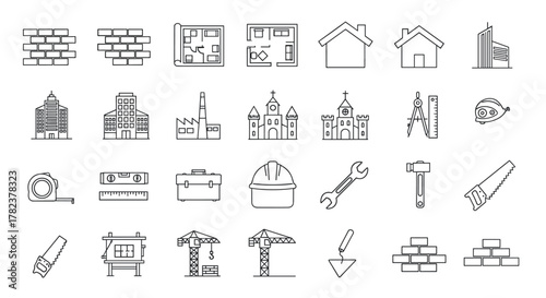 Collection of construction and architecture line icons, including brick walls, floor plans, various buildings like houses, factories, and churches, as well as tools such as tape measures, levels