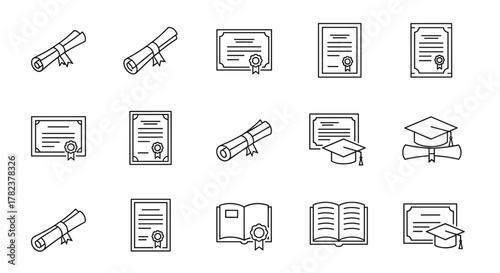 Collection of thin line icons representing diplomas, certificates, graduation caps, and open books, perfect for educational websites, academic applications, and design projects requiring a clean