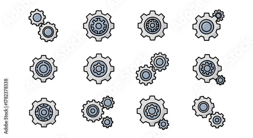 Set of 12 Cogwheel and Gear Icons with Editable Stroke, Perfect for Websites, Books, Cards, and Apps. Vector Cartoon Illustration with a White Background. Versatile graphic resources for technology