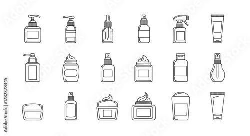 Collection of thin line icons representing various cosmetic bottles and containers, including pump dispensers, dropper bottles, spray bottles, jars with lids, and tubes, perfect for web, print, and