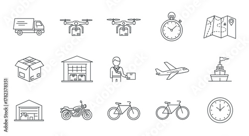 A comprehensive collection of thin line icons representing various delivery and transportation methods, including trucks, drones, airplanes, ships, motorcycles, bicycles, warehouses, packages, maps