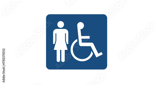 Minimalistic white pictogram of a female figure and a person in a wheelchair on a blue square background, representing accessibility and inclusivity for web, graphic design, apps, banners, social
