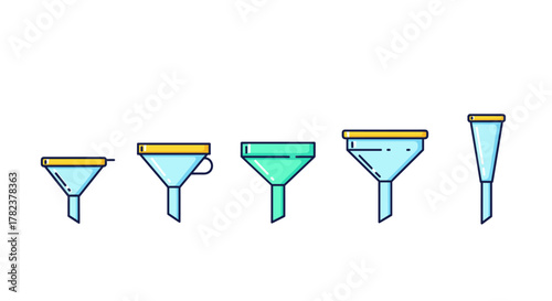 Collection of five simple, linear, outline-style funnel illustrations in various sizes and designs, featuring a light blue body with a yellow rim and a white background. These versatile vector