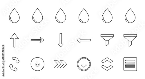 Set of minimalistic outline icons representing drops, arrows, funnels, refresh symbols, and a document, perfect for web design, graphic design, app interfaces, social media, banners, and cards, all
