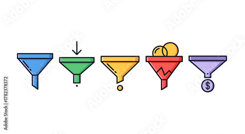 Vivid vector cartoon illustration of a set of five colorful funnels on a white background, representing a process or funnel diagram, suitable for graphic design, websites, cards, books, and articles