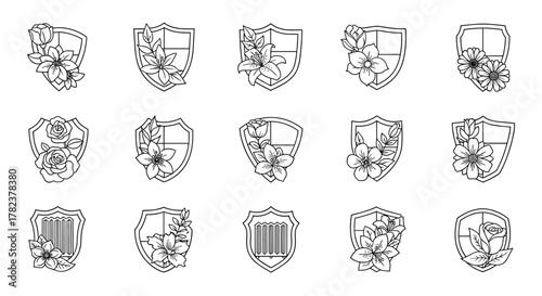 Collection of 15 elegant floral shield emblems in outline style, featuring roses, lilies, and daisies, perfect for graphic design, web, apps, adverts, cards, and vector illustrations on a white