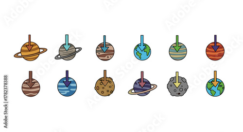 Collection of stylized planets with downward-pointing arrows, representing celestial bodies and cosmic themes, perfect for graphic design, web development, app icons, advertising, and educational