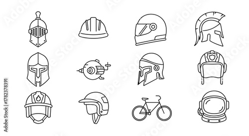 Collection of thin line icons representing various helmets and head protection gear, including historical knight helmets, construction hard hats, motorcycle helmets, firefighter helmets, Spartan