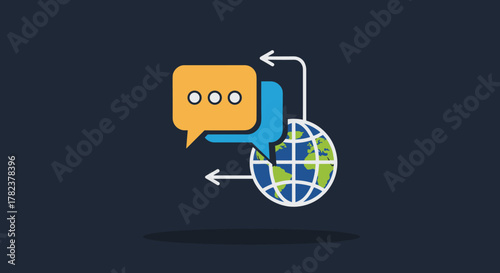 Global communication concept illustration with speech bubbles and a stylized planet Earth, representing international messaging, online chat, and worldwide connectivity. Clean vector graphic suitable