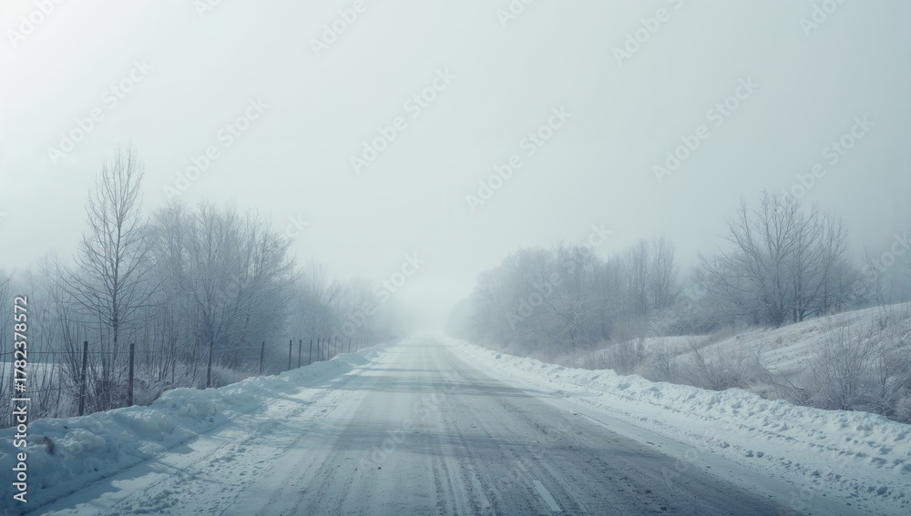 Fototapeta premium Snowy winter landscape with a frosted road, highlighting seasonal change