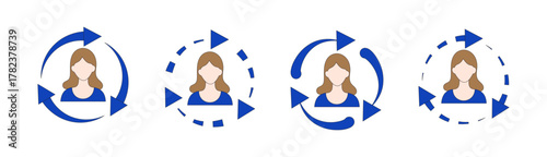 Female User Profile Refresh Cycle Icons: Blue Arrows, Update, Reload, Continuous Rotation Set