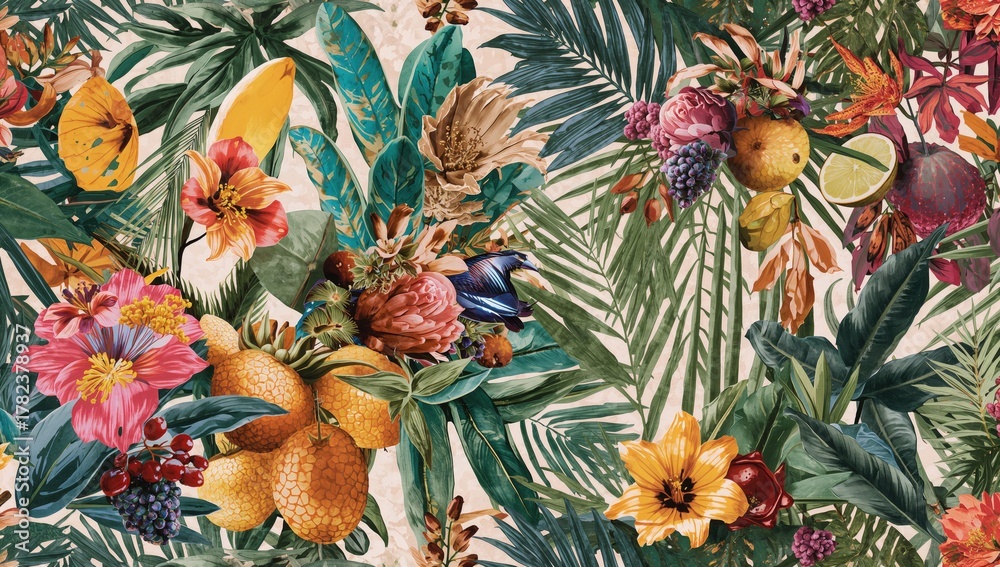 Obraz premium Seamless floral collage featuring tropical plants and fruits, ideal for editorial design