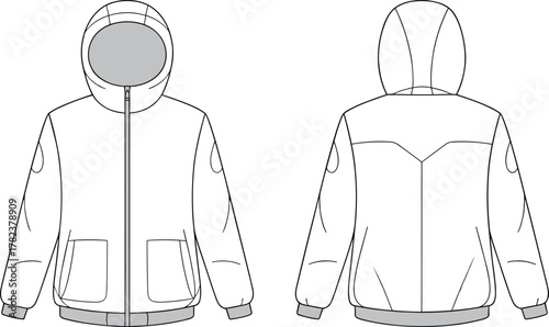 Unisex hooded puffer jacket technical flat fashion vector illustration with front zipper pockets and ribbed hem detailed design front and back