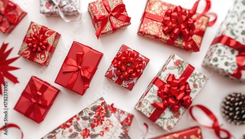 Wrapped gifts in red paper ...