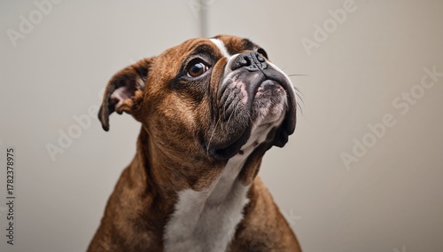 Bulldog looking up at an it...