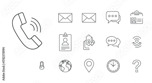 A clean and modern thin line icon set representing essential business communication tools and contact methods, perfect for website UI, mobile apps, and interface design. This vector symbols