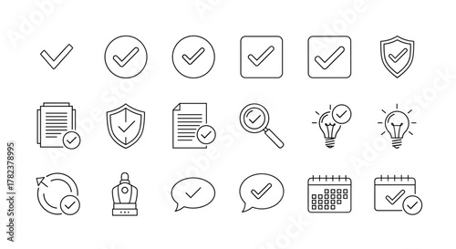 Collection of thin line web icons representing check marks and confirmation symbols, including approved, checklist, warranty, document, shield, search, idea, calendar, and refresh icons, all designed