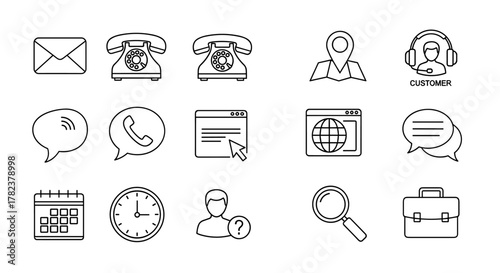 Contact icon set featuring email, phone, address, customer service, call, website, calendar, clock, search, and briefcase. This collection of ordered line icons offers a comprehensive visual