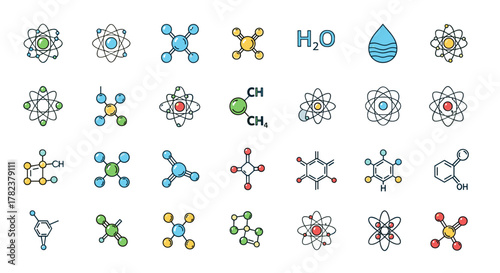 Vivid collection of minimalistic linear pictograms representing atoms, chemical compounds, and molecular structures in filled color style. Ideal for web, graphic design, apps, banners, social