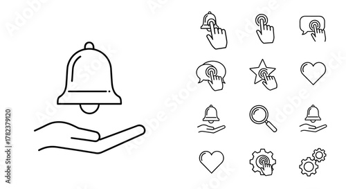 Set of minimalistic line icons representing various actions and elements for web and graphic design, apps, banners, social networks, and cards. Includes a bell over a hand, finger tapping a bell, a