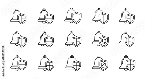 Set of minimalistic thin outline icons featuring a bell combined with a shield, symbolizing security, alerts, notifications, and protection. These versatile vector graphics are perfect for web
