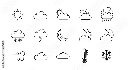 Collection of minimalistic linear weather forecast icons, including sun, clouds, rain, snow, thunderstorm, moon, wind, and thermometer, perfect for web, graphic design, apps, and banners, offering a