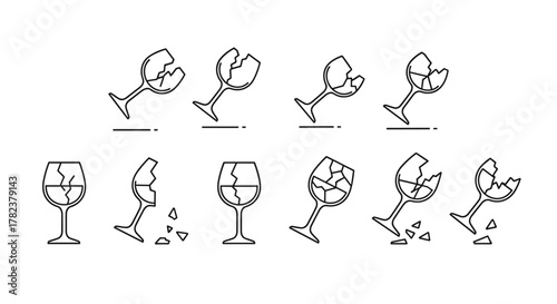 Set of thin line icons representing broken wine glasses in various stages of shattering, isolated on a white background. This vector illustration is perfect for web, books, cards, and apps
