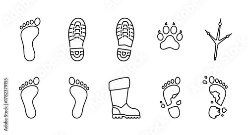 Set of thin line footprint icons, including human footprints, boot prints, paw prints, and bird tracks, presented as outline signs for graphic and web design, apps, adverts, and various cards