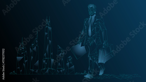 A businessman walks with a briefcase and securities against the backdrop of the skyscrapers of the city's business center. Vector abstract illustration wireframe, network, low poly.