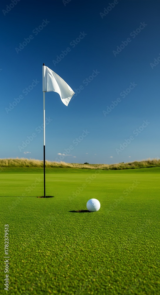 Obraz premium Golf Ball and Flag on Green Course Under Blue Sky.