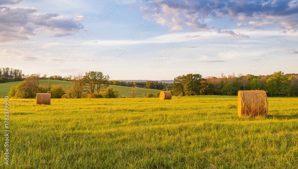 Fototapeta premium Golden hay bales scattered throughout a vibrant green field, suggesting a fruitful harvest season