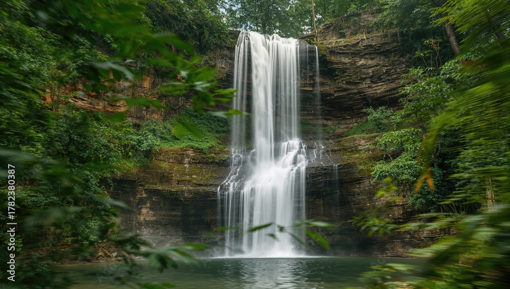 Fototapeta premium Mai Kai Waterfall cascading over limestone tiers, surrounded by lush greenery, seasonal change