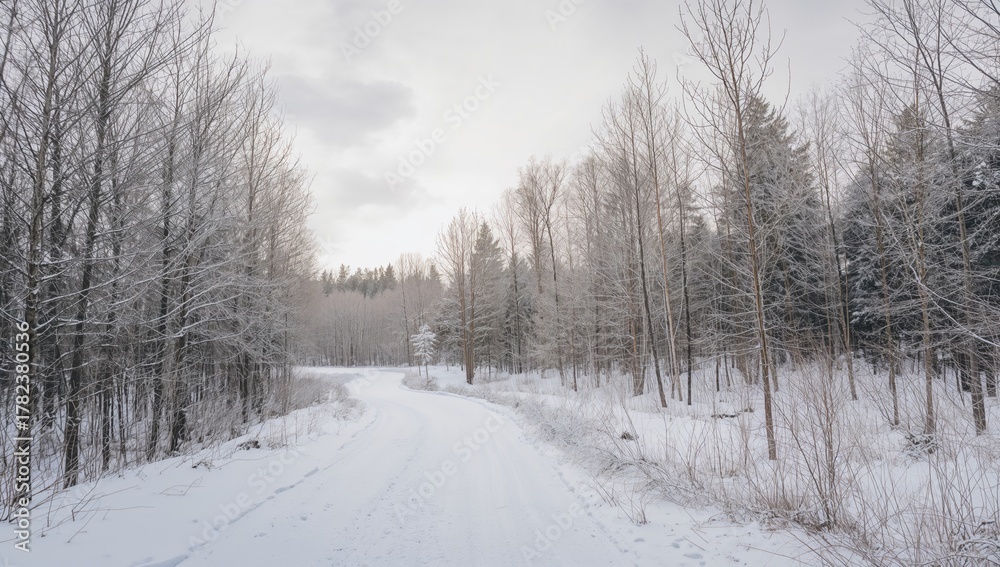 Fototapeta premium A trail winding through the forest, showcasing winter's beauty, seasonal change