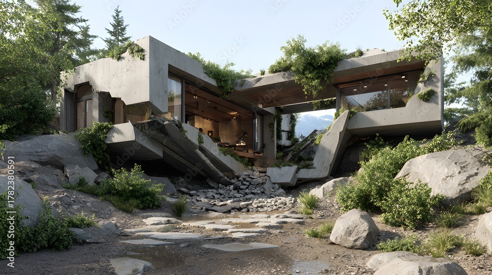 Obraz premium Modern concrete dwelling is dramatically integrated into a rugged, overgrown natural landscape