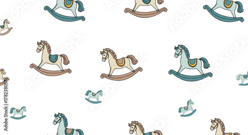 Cute rocking horses in pastel blue and brown colors are arranged to form a gentle and playful seamless pattern suitable for a nursery.