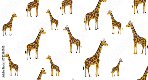 Repeating pattern of graceful giraffes in various sizes and poses creates a charming and playful safari animal seamless background.