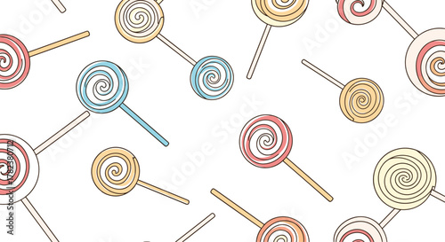 Colorful lollipops with spiral designs in pastel shades of pink, yellow, and blue are scattered across a white background in a fun pattern.