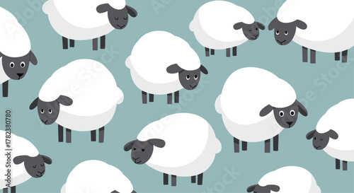 Adorable cartoon sheep with white wool and black faces stand together in a repeating pattern against a muted light blue-green background.