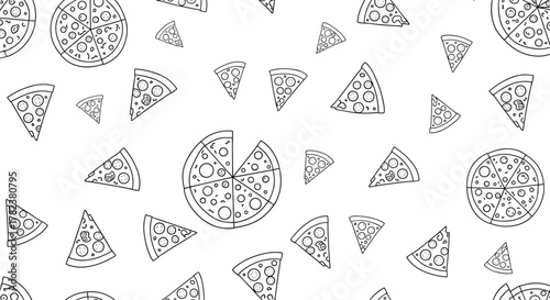 Outlined pizza slices and whole pies are scattered across a white background in a fun, monochrome, hand-drawn seamless pattern design.