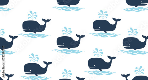 Charming blue whales happily spout water from their blowholes on a simple white background, creating a cute nautical seamless pattern.