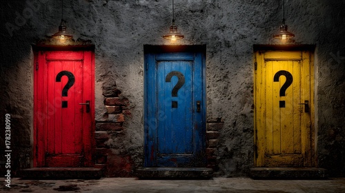 Three distinct colored doors marked with question symbols suggest difficult choices ahead in a dimly lit hallway