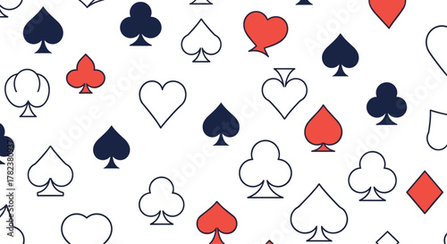Playing card suits including hearts, clubs, spades, and diamonds are scattered in a seamless pattern using red, blue, and outline styles.