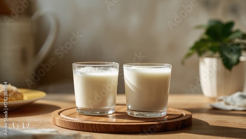 Glasses of fresh milk on a ...