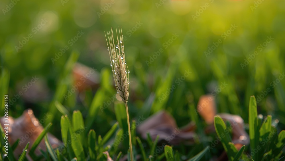 Naklejka premium A dew-kissed sprouting grain of wheat or barley illuminated by morning light, highlighting growth potential
