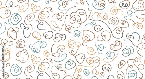 Playful scribbles and curly loops in shades of brown, blue, and tan create a fun and abstract seamless pattern on a white background.