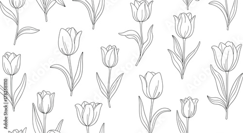 Elegant tulips are illustrated in a simple dashed line art style, creating a beautiful and delicate seamless floral background pattern.