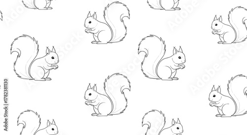 Sketchy squirrels are sitting attentively in a simple black and white line art seamless pattern perfect for woodland-themed designs.